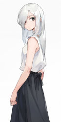 Rule 34 | 1girl, black skirt, blouse, closed mouth, cowboy shot, from side, grey eyes, grey hair, hair over one eye, highres, long hair, looking at viewer, oopartz yang, original, shirt, sidelocks, simple background, skirt, sleeveless, sleeveless shirt, solo, tsurime, white background, white shirt