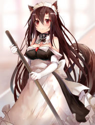 Rule 34 | 1girl, alternate costume, animal ears, apron, bare shoulders, blush, breasts, brooch, brown hair, chain, cleavage, collar, detached collar, dress, efe, elbow gloves, enmaided, frilled apron, frills, gloves, hair between eyes, imaizumi kagerou, jewelry, long dress, long hair, long skirt, looking at viewer, maid, maid headdress, md5 mismatch, medium breasts, off shoulder, red eyes, skirt, solo, standing, sweatdrop, tail, touhou, underbust, very long hair, wavy mouth, white gloves, wolf ears, wolf tail