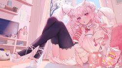 Rule 34 | 1girl, absurdres, animal ear fluff, animal ears, bell, black thighhighs, blush, book, bow, breasts, calendar (object), cherry blossoms, chopsticks, coca-cola, cup ramen, curtains, dress, flower, food, footwear bow, hair flower, hair ornament, heart, high heels, highres, holding, holding chopsticks, indie virtual youtuber, jacket, long hair, medium breasts, miraymoon, multiple tails, neck bell, off shoulder, pink bow, pink eyes, pink hair, pink jacket, pink nails, pink ribbon, product placement, ribbon, sakurah (vtuber), sitting, solo, tail, tail ornament, tail ribbon, television, thighhighs, twitter username, virtual youtuber, white dress, white flower, white footwear