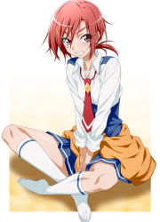 Rule 34 | 10s, 1girl, blush, clothes around waist, crossed legs, eyelashes, feet, grin, hino akane (smile precure!), indian style, nakahira guy, necktie, no shoes, ponytail, precure, red eyes, red hair, short hair, sitting, skirt, sleeves rolled up, smile, smile precure!, socks, solo, sweater, sweater around waist, uniform, v arms
