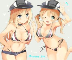 Rule 34 | 10s, 2girls, adapted costume, alternate costume, arm up, bare arms, bare shoulders, bikini, bismarck (kancolle), blonde hair, blue eyes, breasts, cleavage, green eyes, holding hands, hat, hitsuji takako, kantai collection, large breasts, long hair, looking at viewer, multiple girls, one eye closed, open mouth, peaked cap, prinz eugen (kancolle), side-tie bikini bottom, sideboob, swimsuit, twintails, twitter username, underboob