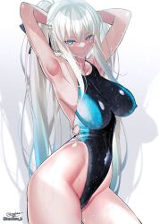 Rule 34 | 1girl, absurdres, armpits, arms behind head, arms up, bare shoulders, black bow, black one-piece swimsuit, blue eyes, blue one-piece swimsuit, blush, bow, braid, breasts, collarbone, covered navel, curvy, fate/grand order, fate (series), french braid, grey hair, hair bow, highleg, highleg swimsuit, highres, large breasts, long hair, looking at viewer, morgan le fay (fate), one-piece swimsuit, ponytail, sanazura hiroyuki, sidelocks, smile, solo, swimsuit, thighs, two-tone swimsuit, very long hair, wet, white background, wide hips