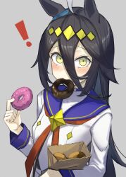 Rule 34 | !, 1girl, ahoge, animal ears, bag, black hair, blue sailor collar, blush, commentary request, cosplay, doughnut, ear ornament, food, food in mouth, grey background, hair between eyes, hair ornament, highres, holding, holding food, horse ears, horse girl, long hair, long sleeves, looking at viewer, manhattan cafe (umamusume), mouth hold, multicolored hair, neckerchief, oguri cap (umamusume), oguri cap (umamusume) (cosplay), red neckerchief, rottenpizza, sailor collar, shirt, simple background, streaked hair, umamusume, upper body, very long hair, white hair, white shirt