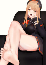 Rule 34 | 1girl, absurdres, barefoot, crossed legs, emma (nikke), feet, goddess of victory: nikke, hat, highres, light blush, light brown hair, long hair, looking at viewer, open mouth, sitting, soles, steam, sweat, toes, yellow eyes