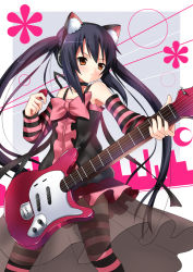 Rule 34 | 00s, 1girl, animal ear headphones, animal ears, bad id, bad pixiv id, black hair, brown eyes, cat ear headphones, cat ears, detached sleeves, electric guitar, fake animal ears, guitar, headphones, highres, instrument, k-on!, koi (koisan), long hair, mustang (guitar), nakano azusa, plectrum, solo, striped clothes, striped thighhighs, thighhighs, twintails