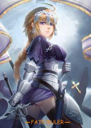 Rule 34 | 1girl, ahoge, armor, armored dress, ass, baschyf, blonde hair, blue dress, blue eyes, blue sky, braid, breastplate, breasts, chain, closed mouth, cloud, commentary, cross, cross necklace, dress, english commentary, fate/apocrypha, fate/grand order, fate (series), faulds, flag, gauntlets, headpiece, highres, holding, holding jewelry, holding necklace, holding sword, holding weapon, jeanne d&#039;arc (fate), jeanne d&#039;arc (ruler) (fate), jewelry, large breasts, long braid, long hair, looking at viewer, necklace, plackart, ruler, sheath, single braid, sky, solo, standard bearer, sword, thighhighs, very long hair, weapon