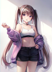 Rule 34 | 1girl, absurdres, bare shoulders, black choker, black shorts, blush, breasts, brown hair, choker, collarbone, cowboy shot, earrings, hand on own hip, highres, jacket, jewelry, light, long hair, long sleeves, looking at viewer, medium breasts, multicolored hair, nail polish, navel, open mouth, original, purple eyes, purple hair, purple jacket, purple nails, short shorts, shorts, solo, sports bra, starlime, stomach, streaked hair, thighs, twintails, two-tone hair, unzipped, zipper