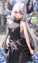 Rule 34 | 1girl, ahoge, alternate costume, black bodysuit, black horns, blue flower, blush, bodysuit, braid, breasts, clothes around waist, collarbone, commentary, cowboy shot, day, demon horns, expressionless, flower, french braid, grey hair, highres, hololive, horns, house, la+ darknesss, lens flare, light rays, long hair, looking at viewer, medium breasts, multicolored hair, open mouth, outdoors, purple hair, skin tight, solo, straight hair, striped horns, sunlight, thomas 8000, two-tone hair, very long hair, virtual youtuber, yellow eyes