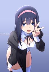 Rule 34 | 1girl, black dress, black hair, black ribbon, blue background, blue eyes, breasts, cleavage, commentary, cowboy shot, dated, detached collar, dress, frills, gradient background, groin, hair between eyes, hairband, hand on own leg, hand up, highres, leaning forward, long dress, long hair, long sleeves, looking at viewer, medium breasts, monai-chan (nii manabu), neck ribbon, nii manabu, open mouth, original, pelvic curtain, pink hairband, puffy long sleeves, puffy sleeves, ribbon, shrug (clothing), sidelocks, signature, simple background, sleeve cuffs, smile, solo, strapless, strapless dress, thighhighs, two-tone dress, v, white dress, white thighhighs