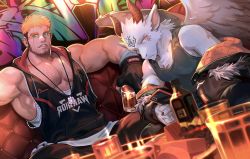 Rule 34 | 2boys, alcohol, armpits, bara, black hoodie, black jacket, black pants, black tank top, blonde hair, chest hair, closed mouth, commission, cup, ear piercing, facial hair, facial mark, forehead mark, fur-trimmed jacket, fur trim, furry, furry male, furry with non-furry, goat boy, green eyes, gyee, holding, holding cup, hood, hood down, hoodie, interspecies, jacket, jewelry, large pectorals, male focus, multiple boys, muscular, muscular male, necklace, neilos, off shoulder, original, pants, parted lips, pectorals, piercing, red eyes, romg, scar, scar across eye, scar on face, short hair, sitting, sleeveless, sleeveless hoodie, tank top, undercut, white tank top, wings