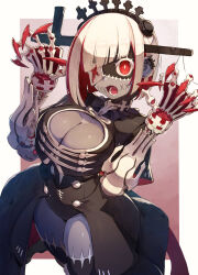 Rule 34 | 1girl, black skin, breasts, capelet, claw pose, claws, cleavage cutout, clothing cutout, colored eyelashes, colored inner hair, colored skin, commentary request, ear piercing, eyepatch, grey skin, hairband, highres, impaled, joints, kuroi susumu, large breasts, looking at viewer, multicolored hair, multicolored skin, open mouth, original, patchwork skin, piercing, red eyes, red hair, showgirl skirt, stitches, streaked hair, two-tone hair, white hair, zombie