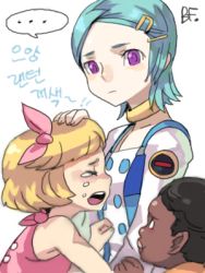Rule 34 | 00s, 1boy, 2girls, bf. (sogogiching), comforting, eureka (eureka seven), eureka seven, eureka seven (series), hand on another&#039;s head, hug, korean text, linck, lowres, maeter, multiple girls, tears