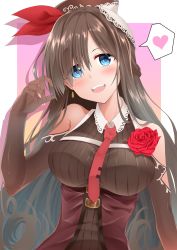 1girl bare_shoulders black_gloves blue_eyes blush breasts brown_hair commentary_request elbow_gloves female_focus flower gloves hair_ribbon heart highres hinata_kokage large_breasts long_hair looking_at_viewer necktie original red_flower red_necktie red_rose ribbon rose solo spoken_heart teeth upper_body upper_teeth_only