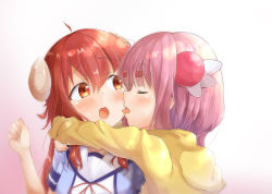 Rule 34 | 2girls, ahoge, blazer, blush, chiyoda momo, clenched hand, closed eyes, commentary request, demon girl, demon horns, food-themed hair ornament, gradient background, hair ornament, hairclip, highres, horns, hug, jacket, licking, licking another&#039;s face, long hair, looking at another, machikado mazoku, medium hair, mika miche, multiple girls, open mouth, peach hair ornament, pink background, pink hair, red hair, school uniform, simple background, sweat, sweatdrop, tongue, tongue out, white background, yellow eyes, yoshida yuuko (machikado mazoku), yuri