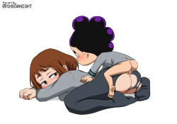 Rule 34 | 1boy, 1girl, arm around waist, artist name, ass, boku no hero academia, brown eyes, brown hair, censored, clothed sex, doggystyle, highres, looking back, medium hair, mineta minoru, netorare, no panties, penis, pussy, pussy juice, school uniform, sex, sex from behind, shoganight, simple background, size difference, torn clothes, uraraka ochako, white background