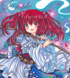 Rule 34 | 1girl, :d, blue background, blush, bow, floral print, frills, hair bow, hitodama, holding, holding scythe, long sleeves, looking at viewer, marker (medium), medium hair, onozuka komachi, open mouth, red eyes, red hair, rui (sugar3), sample watermark, scythe, smile, solo, touhou, traditional media, two side up, watermark, wide sleeves