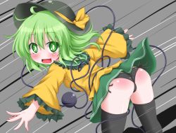 Rule 34 | 1girl, ass, back, bad id, bad pixiv id, black panties, black thighhighs, blush, bow, green eyes, green hair, hat, hat bow, heart, heart of string, komeiji koishi, looking back, matching hair/eyes, oden (th-inaba), open mouth, panties, pantyshot, side-tie panties, solo, striped, striped background, thighhighs, third eye, touhou, underwear