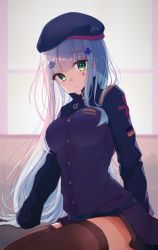 Rule 34 | 1girl, arm behind back, arm support, beret, black hat, black skirt, blue hair, blurry, blurry background, breasts, brown thighhighs, closed mouth, commentary request, facial mark, german flag, girls&#039; frontline, gloves, green eyes, hair ornament, hat, high collar, highres, hk416 (girls&#039; frontline), hyakunin momoko, jacket, long hair, long sleeves, looking at viewer, medium breasts, miniskirt, purple jacket, sitting, skirt, solo, straight hair, thighhighs, very long hair, white gloves, window