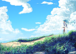 Rule 34 | 1girl, bicycle, blue hair, cloud, day, grass, hatsune miku, hopper, long hair, long sleeves, looking to the side, md5 mismatch, mixed media, outdoors, path, profile, resolution mismatch, road, scenery, shirt, skirt, sky, solo, source larger, very long hair, vest, vocaloid, water