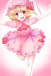 Rule 34 | 1girl, :d, ascot, bad id, bad pixiv id, blonde hair, cosplay, dress, frilled dress, frills, hair ribbon, hat, highres, mob cap, open mouth, outstretched arms, pink dress, red eyes, remilia scarlet, remilia scarlet (cosplay), ribbon, ribbon-trimmed clothes, ribbon trim, rumia, shiromoru (yozakura rety), short hair, smile, solo, spread arms, touhou