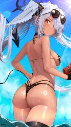Rule 34 | 1girl, absurdres, ass, bikini, black bikini, black choker, blue archive, blush, breasts, bubble99, choker, dark-skinned female, dark skin, dated, day, demon tail, eyewear on head, from behind, grey hair, hair over one eye, halo, highres, iori (blue archive), iori (swimsuit) (blue archive), long hair, looking at viewer, looking back, medium breasts, multi-strapped bikini bottom, ocean, outdoors, pointy ears, red eyes, solo, standing, string bikini, sunglasses, swimsuit, tail, thigh strap, water, wet