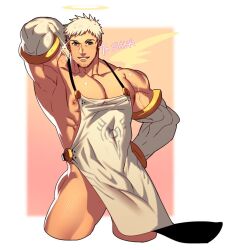 Rule 34 | 1boy, apron, ass, bara, detached sleeves, english text, facial hair, halo, large pectorals, looking at viewer, lvlv, male focus, muscular, muscular male, naked apron, nipples, paradiso guardian, pectorals, radian (paradiso guardian), short hair, smile, solo, stubble, thick thighs, thighs, white apron, white hair