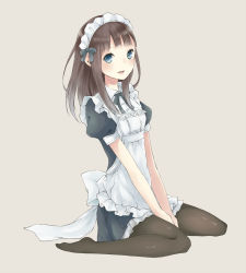 Rule 34 | 1girl, apron, between thighs, black pantyhose, blue eyes, blush, brown background, brown hair, flat chest, frills, hair ribbon, long hair, looking at viewer, maid, maid apron, maid headdress, muted color, neck ribbon, no shoes, on ground, open mouth, original, pantyhose, parted lips, puffy sleeves, ribbon, see-through, see-through legwear, short sleeves, simple background, sitting, solo, spleated skirt, tamaki iori, thighs, wariza