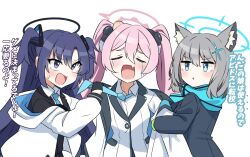 Rule 34 | 3girls, animal ears, blue archive, breasts, closed eyes, crying, fang, gloves, hair between eyes, head bump, koyuki (blue archive), long hair, looking at another, medium breasts, multiple girls, necktie, pink hair, sashu (thershr6s), scarf, school uniform, shiroko (blue archive), translation request, white background, wolf ears, yuuka (blue archive)
