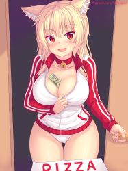 Rule 34 | 1girl, animal ears, bell, between breasts, blonde hair, blush, breasts, cameltoe, cat ears, cat girl, choker, cleavage, cleft of venus, collarbone, cowboy shot, door, gluteal fold, highres, jacket, large breasts, long hair, long sleeves, looking at viewer, money, no pants, nottytiffy, open mouth, original, panties, partially unzipped, patreon username, pizza box, red choker, red eyes, slit pupils, smile, solo, standing, thigh gap, thighhighs, thighs, tiffy (nottytiffy), underwear, white jacket, white panties, white thighhighs