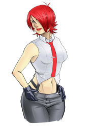 Rule 34 | 1girl, absurdres, blue eyes, blush, breasts, cowboy shot, cropped legs, gloves, hair over one eye, hands on own hips, highres, lips, lipstick, makeup, midriff, mature female, navel, necktie, nico araya carreno, red hair, shirt, short hair, sleeveless, sleeveless shirt, solo, suspenders, the king of fighters, vanessa (kof)
