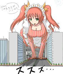 Rule 34 | 1girl, all fours, breasts, building, city, destruction, downblouse, giant, giantess, green eyes, large breasts, long hair, maid, pink hair, solo, terada ochiko, text focus, translation request, twintails
