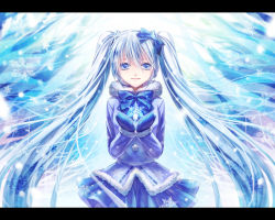 Rule 34 | 1girl, blue eyes, blue hair, bow, gloves, hair bow, hatsune miku, headset, letterboxed, long hair, looking at viewer, matching hair/eyes, siaoyu, skirt, smile, snow, snowflakes, solo, twintails, very long hair, vocaloid, yuki miku
