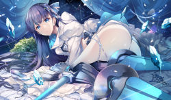 Rule 34 | 1girl, armored boots, ass, beads, blue eyes, blue hair, blurry, boots, crystal, curtains, depth of field, fate/grand order, fate (series), glint, high heels, hirai yuzuki, juliet sleeves, light particles, long hair, long sleeves, looking at viewer, looking back, lying, meltryllis (fate), meltryllis (third ascension) (fate), on side, parted lips, plant, puffy sleeves, revealing clothes, shoes, unworn shoes, silver footwear, solo, thighs, tiara, very long hair