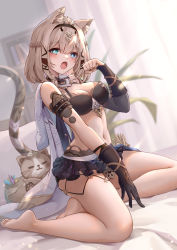 Rule 34 | 1girl, :o, absurdres, animal ears, armlet, backlighting, bare legs, bare shoulders, barefoot, bed sheet, black gloves, black hairband, black skirt, blue eyes, blush, braid, breasts, bright pupils, brown hair, cape, cat ears, cat girl, cat tail, cleavage, detached sleeves, fang, gloves, green eyes, hairband, heterochromia, highres, honkai (series), honkai impact 3rd, indoors, large breasts, looking at viewer, miniskirt, navel, on bed, open mouth, pardofelis (honkai impact), paw pose, plant, potted plant, short hair, single detached sleeve, single glove, sitting, skin fang, skirt, solo, stuffed animal, stuffed cat, stuffed toy, tail, thighs, white cape, yelan xing xuan, yokozuwari