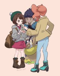 Rule 34 | 1boy, 2girls, artist name, backpack, bad id, bad twitter id, bag, bob cut, boots, brown bag, brown eyes, brown footwear, brown hair, buttons, cardigan, chiyo (ppp 808), closed mouth, collared dress, commentary, creatures (company), cupping hands, dark-skinned male, dark skin, dress, fur-trimmed jacket, fur trim, game freak, gen 8 pokemon, gloria (pokemon), green headwear, green legwear, grey cardigan, hair ornament, hat, headpat, heart, heart hair ornament, holding, hooded cardigan, hop (pokemon), jacket, looking down, multiple girls, nintendo, orange hair, own hands together, pigeon-toed, pink dress, pokemon, pokemon (creature), pokemon swsh, shirt, short hair, side ponytail, smile, socks, sonia (pokemon), symbol-only commentary, tam o&#039; shanter, watermark, yamper, yellow eyes