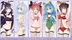 Rule 34 | animal ears, armpits, black hair, blue eyes, blush, breasts, cleavage, commentary, date a live, dress, english commentary, heterochromia, itsuka kotori, leotard, long hair, looking at viewer, medium breasts, navel, open mouth, playboy bunny, rabbit ears, red eyes, ribbon, simple background, smile, symbol-shaped pupils, tobiichi origami, tokisaki kurumi, twintails, very long hair, yatogami tooka, yellow eyes, yoshinon