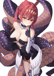 Rule 34 | 1girl, black dress, blush, breasts, cleavage, collar, cosplay, detached collar, dress, gloves, heterochromia, highres, hololive, hololive english, houshou marine, large breasts, long hair, looking at viewer, low wings, ninomae ina&#039;nis, ninomae ina&#039;nis (1st costume), ninomae ina&#039;nis (cosplay), noviceeeeeeee, purple gloves, red eyes, red hair, single thighhigh, smile, solo, strapless, strapless dress, tentacles, thighhighs, tube dress, virtual youtuber, white collar, wings, yellow eyes