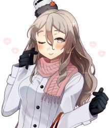 Rule 34 | 1girl, absurdres, black gloves, brown eyes, coat, gloves, grey hair, hat, highres, kantai collection, mini hat, one eye closed, pink scarf, pola (kancolle), scarf, solo, tilted headwear, tongue, tongue out, toriniku senshi chikinman, upper body, wavy hair, white background, white coat