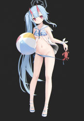Rule 34 | 1girl, animal, ball, banxuan c2ka, beachball, bikini, black background, blue archive, blue bikini, blue hair, breasts, chise (blue archive), chise (swimsuit) (blue archive), closed mouth, crab, full body, groin, halo, highres, holding, holding animal, holding ball, horns, long hair, navel, red eyes, sailor collar, sandals, side ponytail, simple background, small breasts, solo, standing, string bikini, striped bikini, striped clothes, swimsuit, very long hair