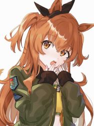 Rule 34 | 1girl, animal ears, blush, bomber jacket, coi uota, crop top, dog tags, gasp, green jacket, hands up, highres, horse ears, jacket, long hair, looking at viewer, mayano top gun (umamusume), open clothes, open jacket, open mouth, orange eyes, orange hair, sleeves past wrists, solo, teeth, two side up, umamusume, upper body, upper teeth only