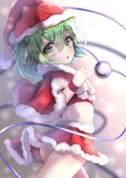 Rule 34 | 1girl, :o, bad anatomy, blurry, blurry background, blush, capelet, commentary request, cowboy shot, depth of field, dfra, dress, eyeball, flat chest, fur trim, green eyes, green hair, hair between eyes, hat, heart, heart-shaped pupils, highres, komeiji koishi, looking at viewer, looking back, navel, red capelet, red dress, red hat, santa costume, santa hat, short hair, solo, standing, symbol-shaped pupils, third eye, touhou, wristband