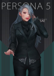 Rule 34 | 10s, 1girl, artist request, breasts, brown eyes, earrings, formal, grey hair, jewelry, long hair, looking at viewer, nail polish, niijima sae, persona, persona 5, red eyes, simple background, solo