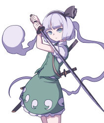 Rule 34 | 1girl, absurdres, black hairband, blue eyes, blunt bangs, closed mouth, collared shirt, cowboy shot, eyebrows hidden by hair, frilled skirt, frills, from side, ghost print, green skirt, green vest, grey hair, hairband, highres, holding, holding sword, holding weapon, kame (kamepan44231), katana, konpaku youmu, looking at viewer, multiple swords, one-hour drawing challenge, sheath, shirt, short hair, short sleeves, simple background, skirt, skirt set, solo, standing, sword, touhou, vest, weapon, white background, white shirt
