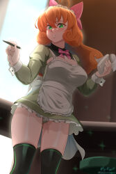 Rule 34 | 1girl, absurdres, alternate costume, apron, black thighhighs, blush, bow, bowtie, breasts, cleavage, cleavage cutout, clothing cutout, commentary, cuff links, curly hair, dress, english commentary, enmaided, frilled apron, frilled dress, frills, gluteal fold, green dress, green eyes, green panties, green shrug, green trim, grin, hair between eyes, hair bow, highres, holding, holding notepad, holding pen, indoors, long sleeves, looking at viewer, maid, medium breasts, medium hair, notepad, orange hair, panties, pantyshot, patreon logo, patreon username, pen, penny polendina, pink bow, pink bowtie, rwby, short dress, signature, skindentation, sleeve cuffs, smile, solo, sparkle, thighhighs, thighs, underwear, variant set, vilde loh hocen, waitress, watermark, web address, white apron, white sleeve cuffs