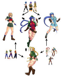 Rule 34 | 6+girls, ahoge, belt, belt skirt, beret, blonde hair, blue eyes, blue hair, blue leotard, blue mary, boots, braid, breasts, cammy white, camouflage, capcom, cropped jacket, crossover, fatal fury, female soldier, fighting stance, fingerless gloves, fusion, garrison cap, gloves, greenmarine, hat, hexafusion, highres, hip focus, knee boots, kneepits, knees, large breasts, legs, leona heidern, leotard, long hair, md5 mismatch, medium breasts, midriff, multiple girls, navel, necktie, ponytail, red leotard, ribbed leotard, scar, serious, shoes, short hair, shorts, smile, snk, street fighter, template, the king of fighters, twin braids, very long hair, wide hips