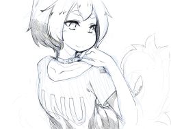 Rule 34 | 1girl, clothes writing, collar, collarbone, flat chest, foreshortening, fox tail, greyscale, highres, looking to the side, monochrome, original, shima (sh1mamu), shirt, signature, sketch, smile, solo, t-shirt, tail, thick eyebrows, twitter username, upper body, white background