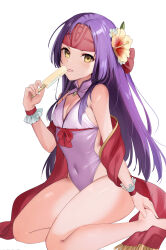 Rule 34 | 1girl, :p, alternate costume, bare legs, bare shoulders, barefoot, breasts, cleavage, commentary request, fire emblem, fire emblem: radiant dawn, flower, food, groin, hair flower, hair ornament, hand up, haru (nakajou-28), headband, highres, holding, holding food, long hair, looking at viewer, nintendo, one-piece swimsuit, popsicle, purple hair, purple one-piece swimsuit, sanaki kirsch altina, seiza, shawl, simple background, sitting, small breasts, solo, swimsuit, thighs, tongue, tongue out, very long hair, white background, yellow eyes, yellow flower
