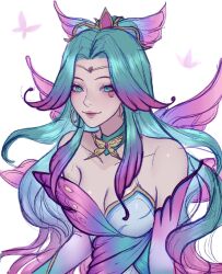 Rule 34 | 1girl, artelsia, bare shoulders, breasts, cleavage, closed mouth, collarbone, earrings, faerie court seraphine, green eyes, green hair, highres, jewelry, large breasts, league of legends, long hair, multicolored hair, official alternate costume, parted hair, pink hair, seraphine (league of legends), solo, tattoo, upper body, white background