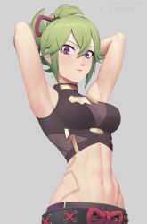 Rule 34 | 1girl, armpits, arms up, bare arms, bare shoulders, black shirt, breasts, commentary request, crop top, genshin impact, green hair, grey background, hair between eyes, kuki shinobu, large breasts, looking at viewer, midriff, navel, ponytail, purple eyes, putcher, shirt, short hair, simple background, sleeveless, sleeveless shirt, solo, stomach, upper body