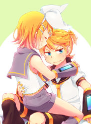 Rule 34 | 1boy, 1girl, ^ ^, aqua eyes, armpits, bare shoulders, blonde hair, bow, brother and sister, closed eyes, detached sleeves, closed eyes, hair bow, hair ornament, hand on another&#039;s waist, hands on another&#039;s shoulders, headphones, headset, highres, kagamine len, kagamine rin, leg warmers, looking away, looking to the side, necktie, nervous, reki (arequa), sailor collar, shirt, short hair, short ponytail, shorts, shoulder grab, siblings, sitting, sitting on lap, sitting on person, sleeveless, sleeveless shirt, sweat, nervous sweating, twins, vocaloid, wavy mouth, yellow neckwear
